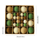 Flocked Christmas tree ball ornament set in box, mixed green, cream, and dark brown balls