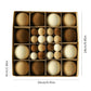 Flocked Christmas tree ball ornament set in box, cream and brown balls in a striped grid