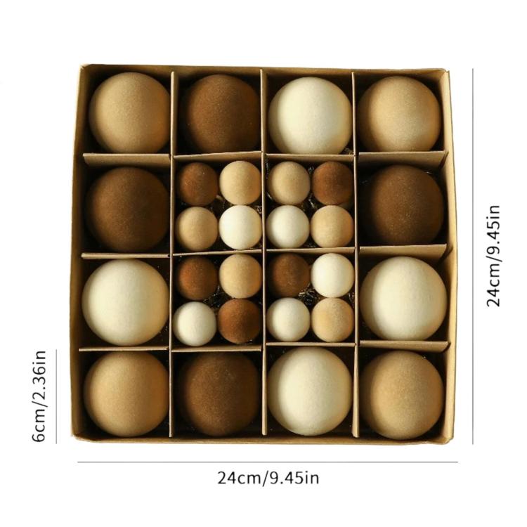 Flocked Christmas tree ball ornament set in box, cream and brown balls in a striped grid