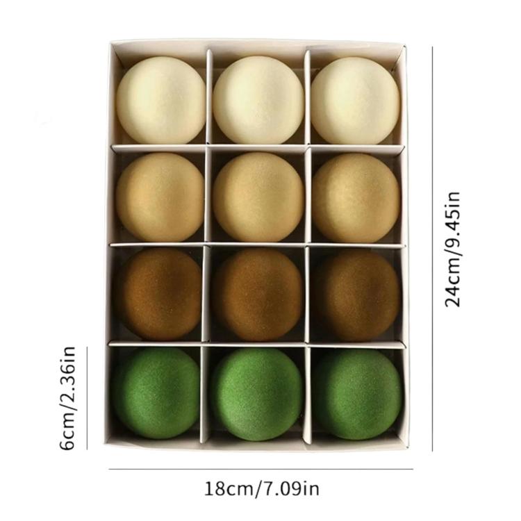 Flocked Christmas tree ball ornament set in box, cream, gold, and green balls