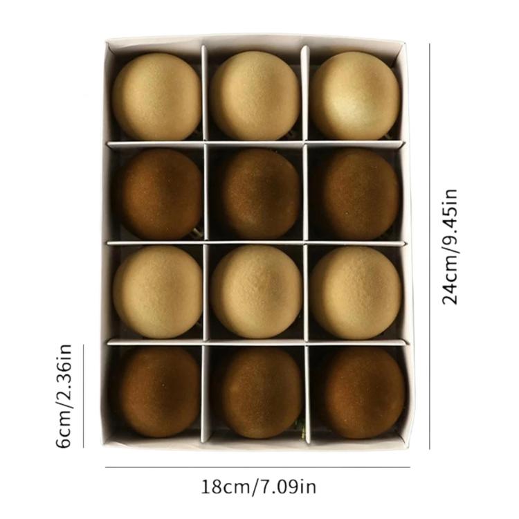 Flocked Christmas tree ball ornament set in box, gold and dark brown balls