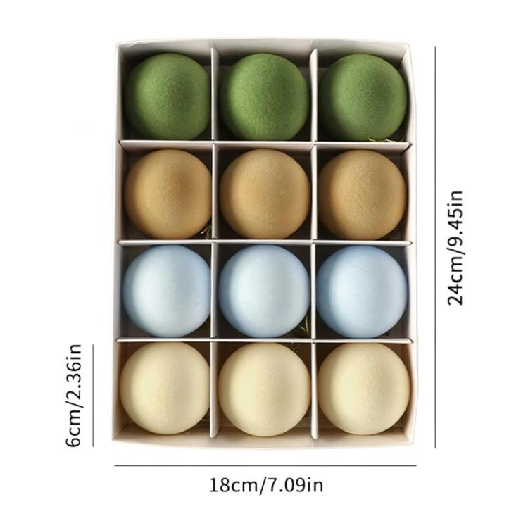 Flocked Christmas tree ball ornament set in box, green, light blue, and cream balls
