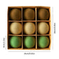Flocked Christmas tree ball ornament set in box, brown and gold balls with green bottom row