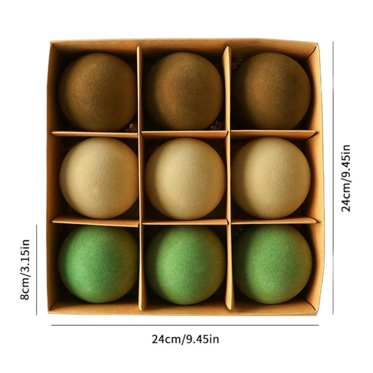 Flocked Christmas tree ball ornament set in box, brown and gold balls with green bottom row