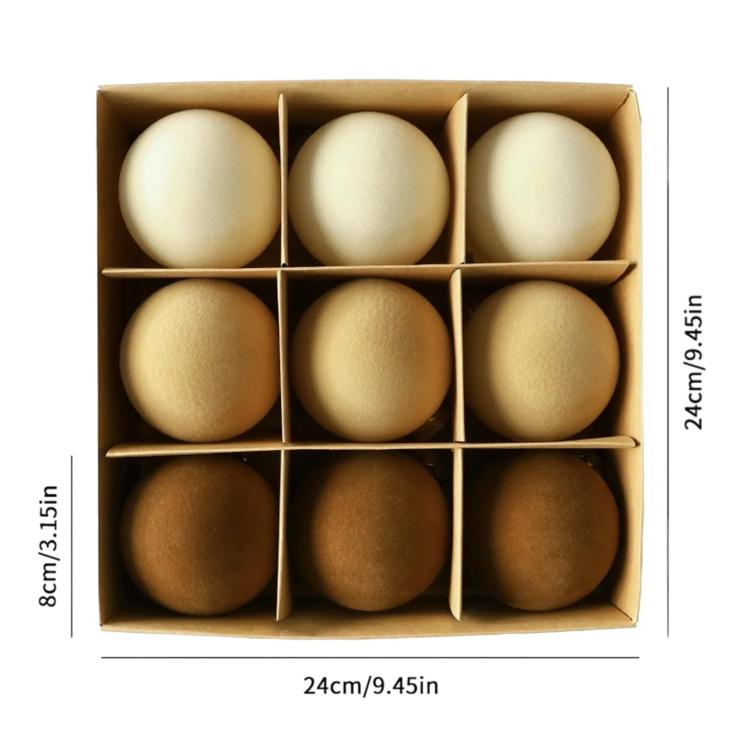 Flocked Christmas tree ball ornament set in box, cream and gold balls with dark brown row