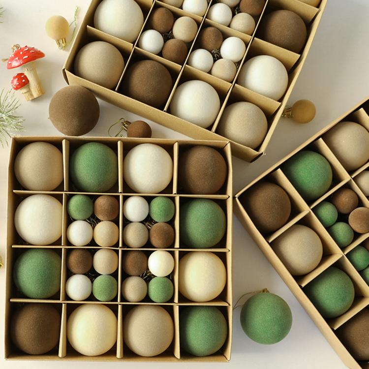 Flocked Christmas ball ornaments with hanging loops, assorted coffee brown, white, and green