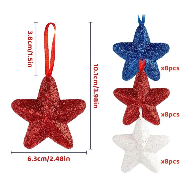 Five-pointed star hanging ornaments, red and blue glitter stars with hanging loop