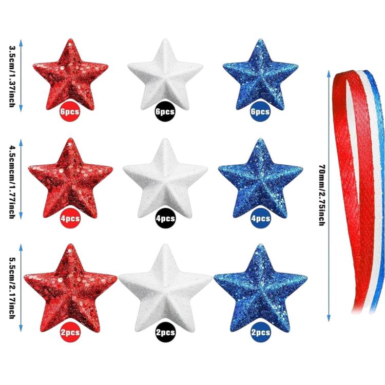 Glitter five-pointed star hanging ornaments set in red, white, and blue with cords