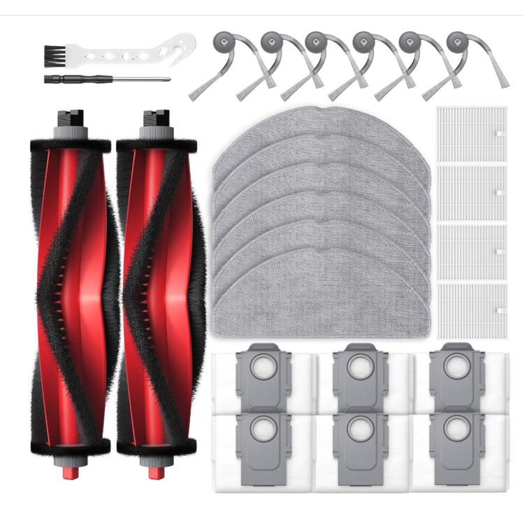 Replacement parts kit with dual red-and-black main brushes, filters, and mop pads