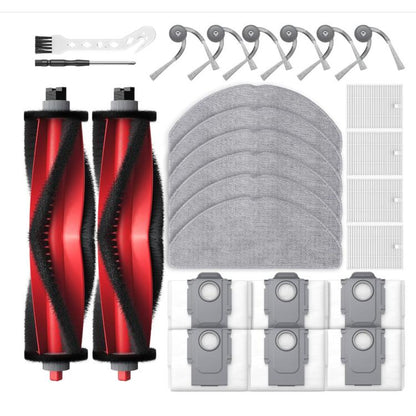 Replacement parts kit with dual red-and-black main brushes, filters, and mop pads