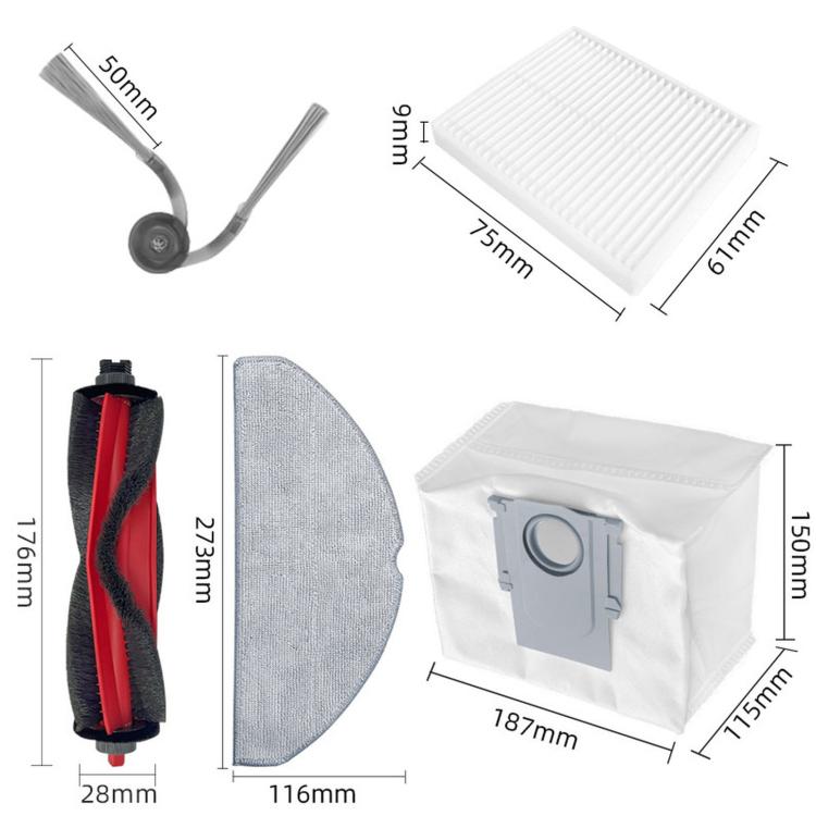 Replacement parts with side brush, red roller, gray mop pad, and filter