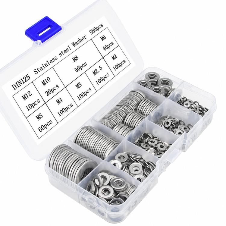Stainless steel flat washers assortment kit in clear organizer case with blue latch