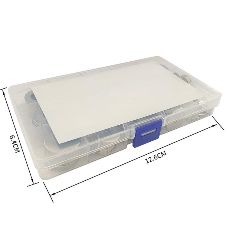 Clear plastic storage case with blue latch for stainless steel flat washer assortment