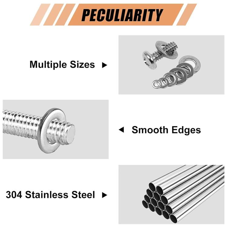 Stainless steel washer set graphic highlighting smooth edges and multiple sizes