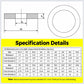 Washer specification chart showing metric dimensions, thickness, and inner/outer diameters