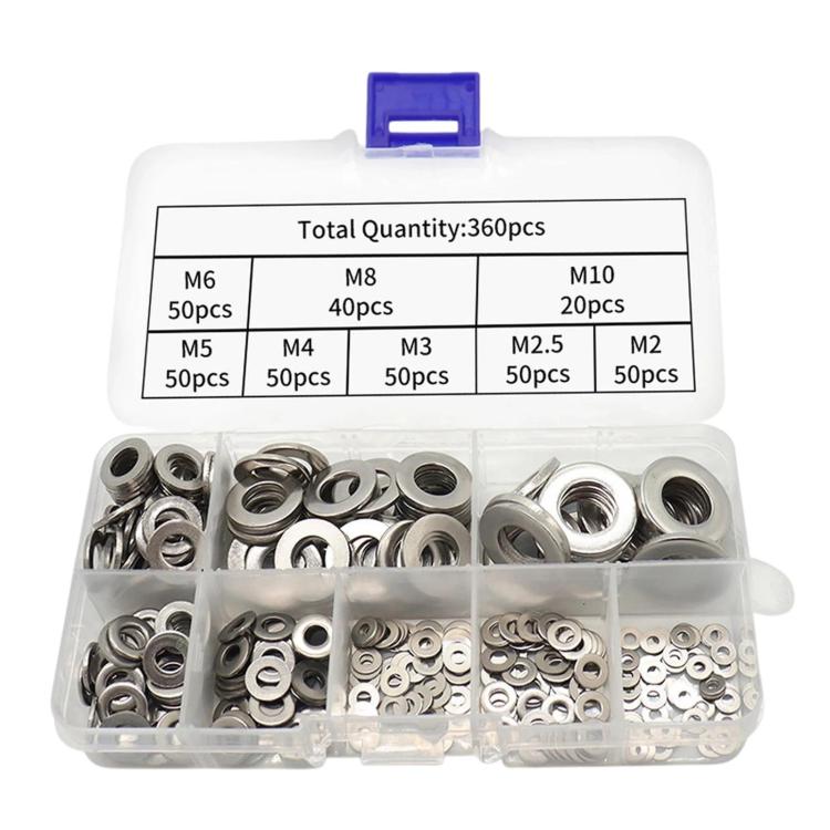 Stainless steel flat washer set in plastic compartment box, assorted metric sizes