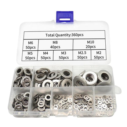 Stainless steel flat washer set in plastic compartment box, assorted metric sizes