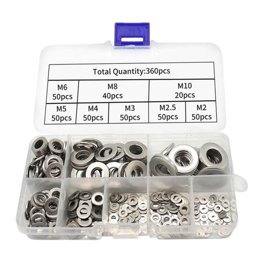 304 Stainless Steel Flat Washers Set M2-M10 Metric Sealing Gaskets Assortment Kit, 360 PCS/Box