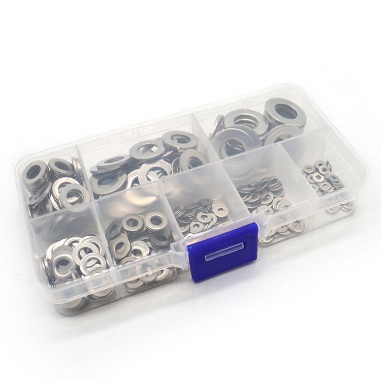 Stainless steel flat washers in clear plastic organizer box with blue latch