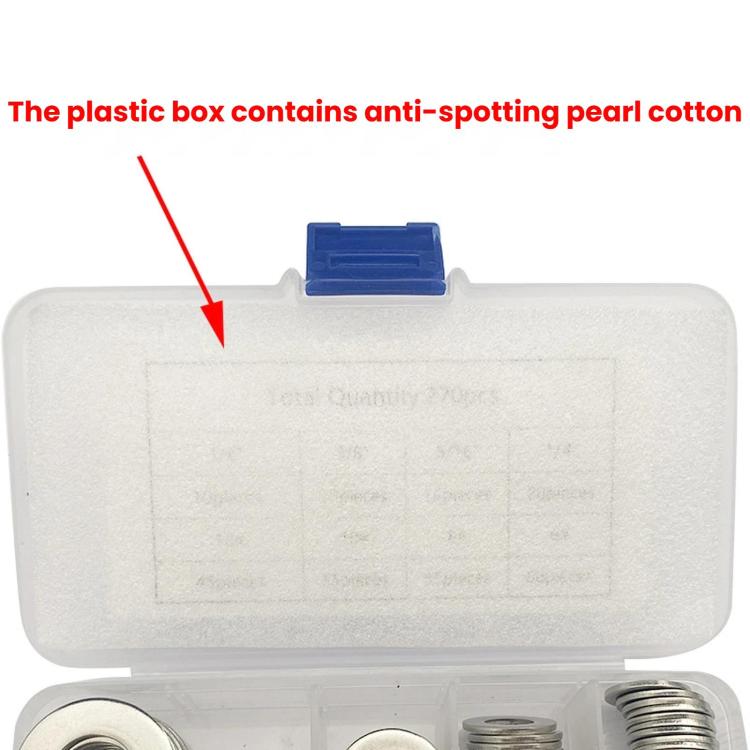 Clear plastic storage box with blue latch, stainless washers visible inside