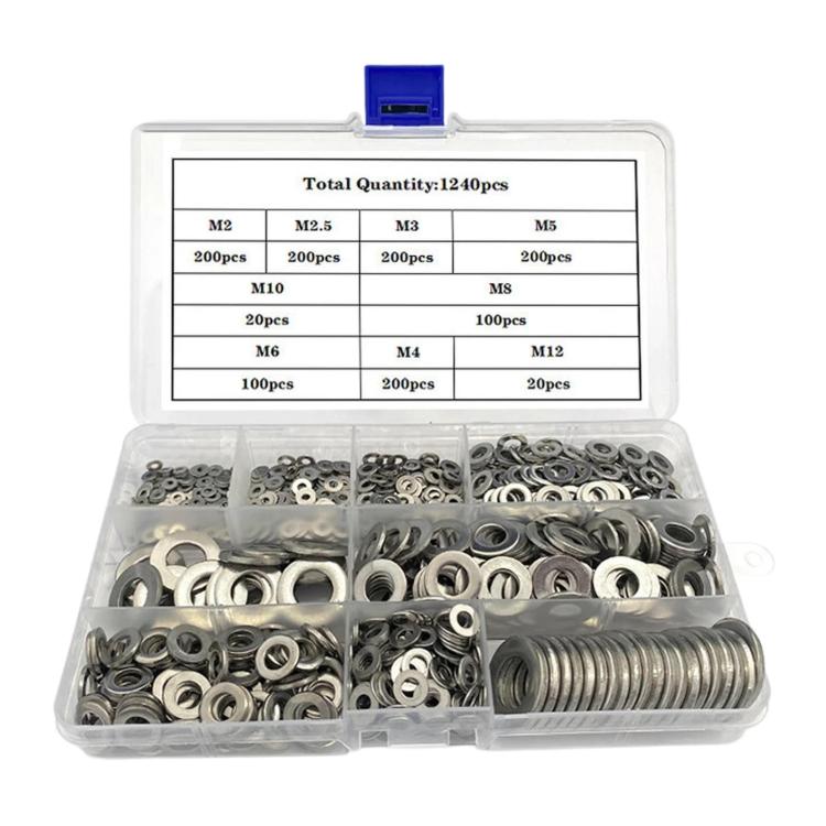 304 stainless steel flat washer assortment, M2–M12 sizes, in clear organizer box