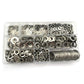 Mixed-size stainless flat washers in clear organizer with multiple compartments