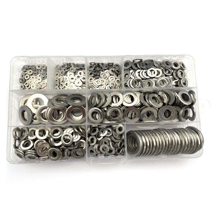 Mixed-size stainless flat washers in clear organizer with multiple compartments