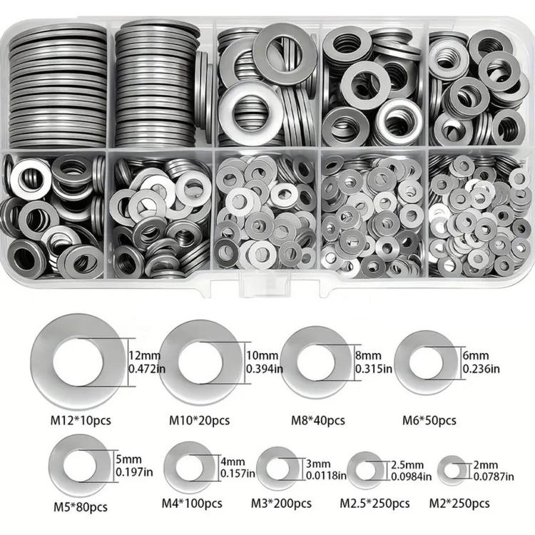 Stainless flat washer kit with assorted sizes and diameter charts in organizer