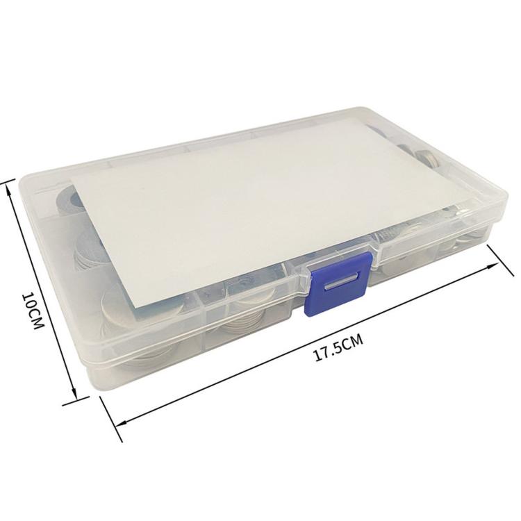 Clear plastic storage box with blue latch for flat washer assortment kit