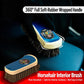 Horsehair interior brush with blue handle on leather seat, angled view