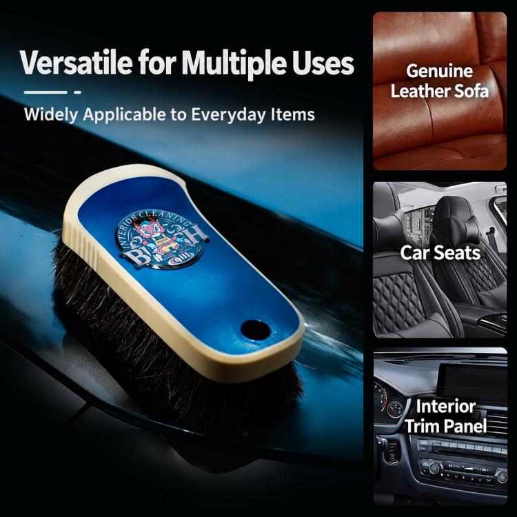 Horsehair upholstery brush with blue handle and beige bristles for interior use