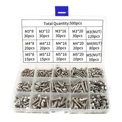304 Stainless Steel Button Head Socket Cap Screws Nuts Assortment Kit, 500 PCS/Box