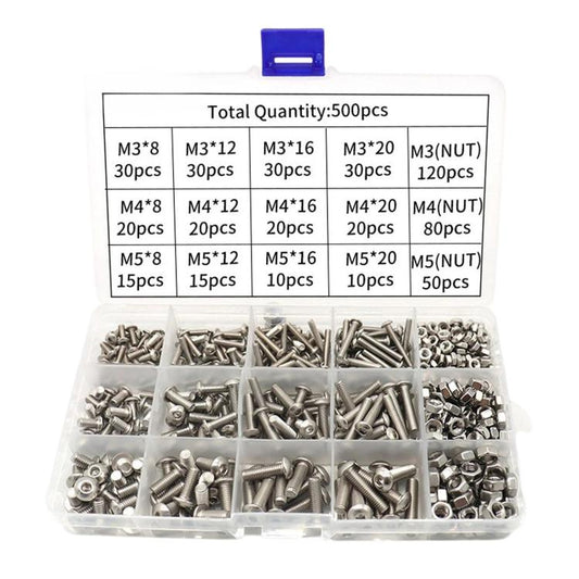 304 Stainless Steel Button Head Socket Cap Screws Nuts Assortment Kit, 500 PCS/Box