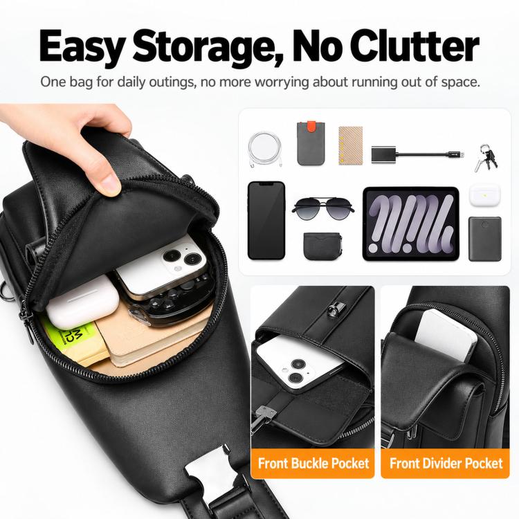 Men’s black PU leather sling bag with divided front pocket and zipper closure
