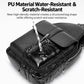 Men’s black PU leather sling bag with flap cover, shown with water splash