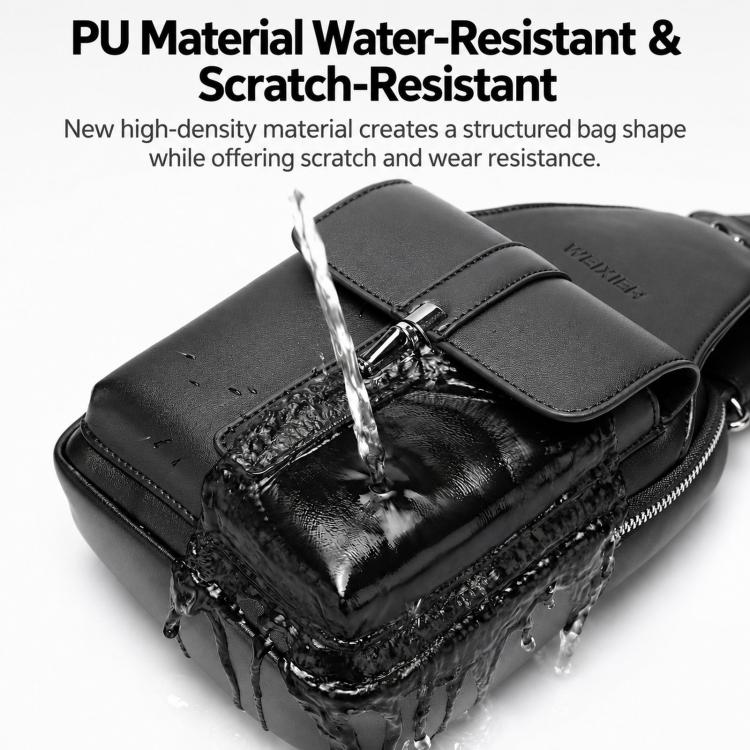 Men’s black PU leather sling bag with flap cover, shown with water splash