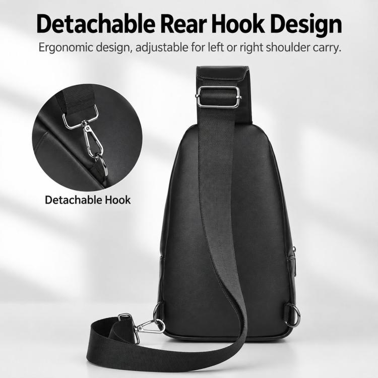 Men’s black PU sling bag with detachable rear hook and adjustable shoulder strap