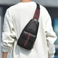 Men’s black PU sling bag with red stripe, worn crossbody with front flap