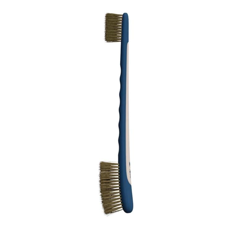 Dual-headed car cleaning brush with dark bristles on a blue handle.