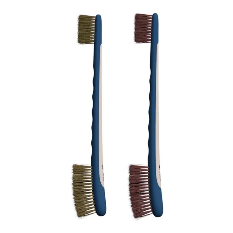 Dual-ended car cleaning brush with two different colored bristle heads on blue handle.