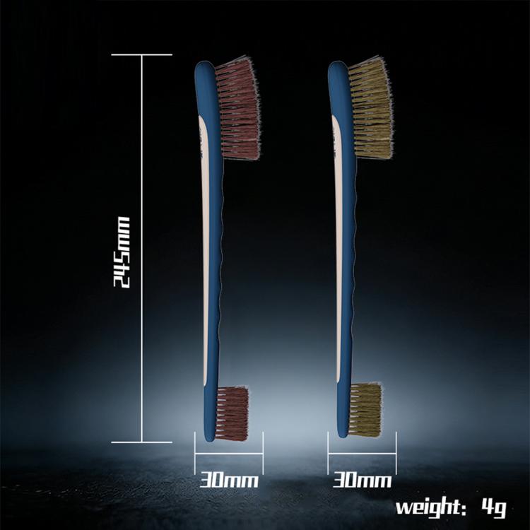 Blue dual-ended seam cleaning brush with brown and tan bristle tips.