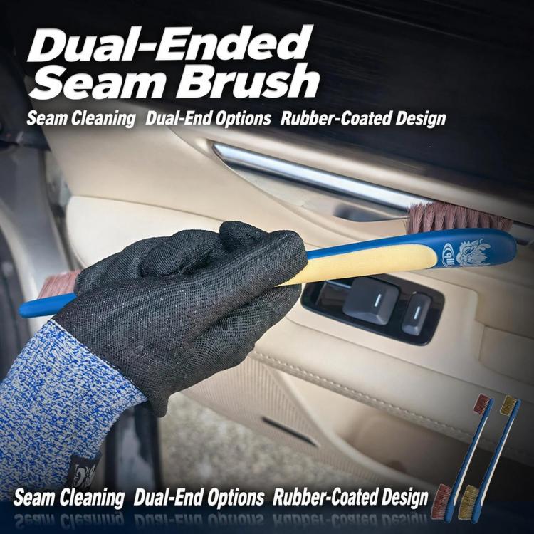 Blue dual-ended seam brush with bristles for cleaning narrow vehicle seams.