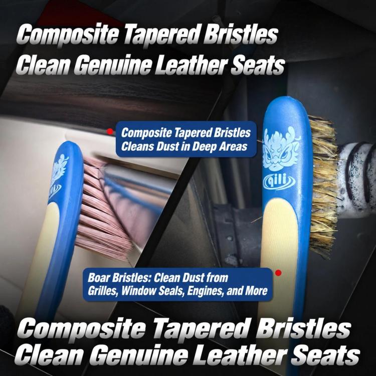 Dual-ended car bristle brush with tapered tips for cleaning tight areas.