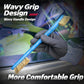 Blue car window seal brush with comfortable wavy handle and tan bristles.