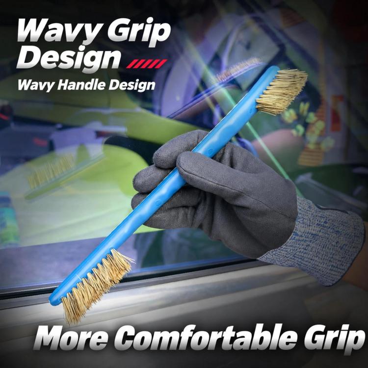 Blue car window seal brush with comfortable wavy handle and tan bristles.