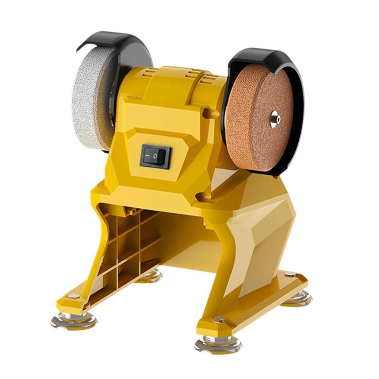 Yellow small bench grinder with two abrasive wheels and black safety guards