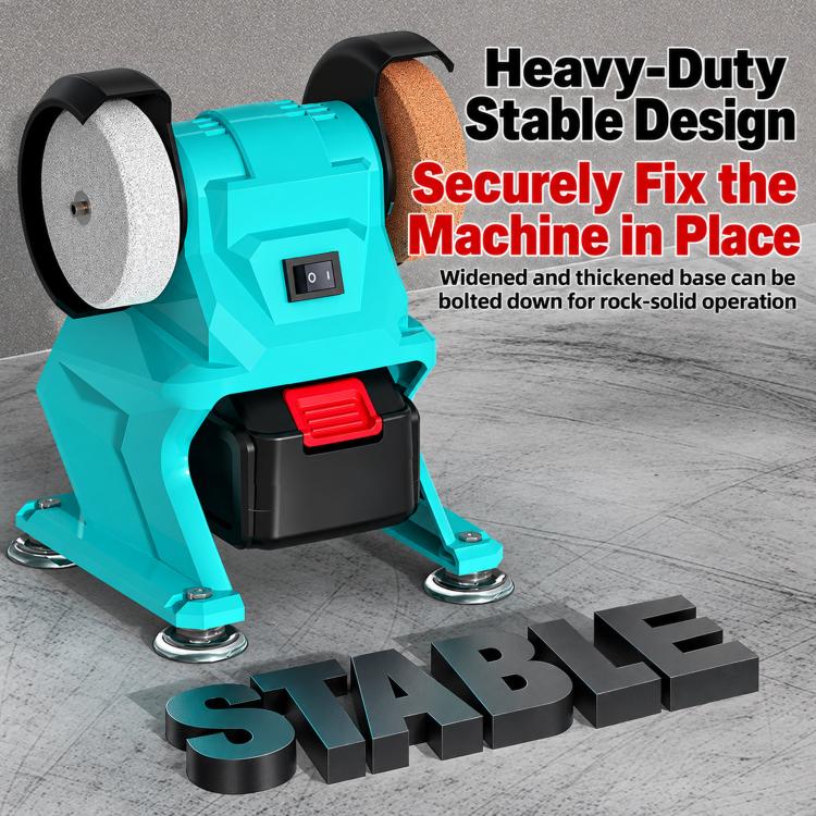 Teal bench grinder with dual wheels, rocker switch, and vibration-dampening feet