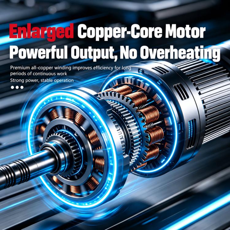 Close-up of an electric motor with copper coils and blue illumination ring