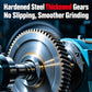 Close-up of hardened gears and a grinding disc on a small motorized grinder
