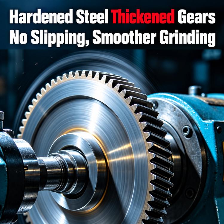 Close-up of hardened gears and a grinding disc on a small motorized grinder